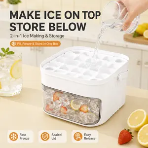Easy Release Ice Cube Tray with Lid & Storage Bin, 25/50 Cubes Press Ice Mold with Scoop for Freezer, Cocktails, Coffee, Whiskey & Cold Drinks