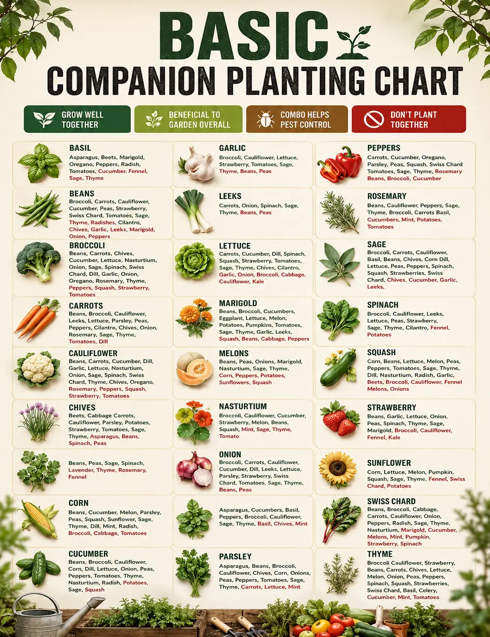 Basic Companion Planting Chart Poster Garden Plant Companion Guide Vegetable Herb Flower Growing Wall Art Companion Gardening Cheat Sheet Homestead Raised Bed Organic Gardening Educational Print Farmhouse Garden Decor Gift for Gardeners