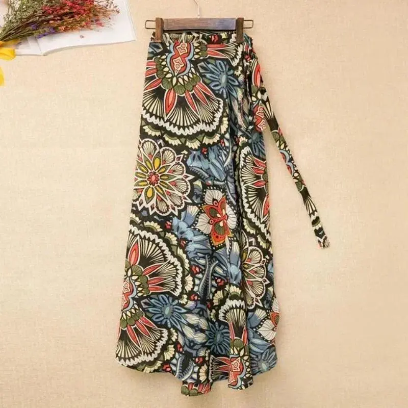 Women's Floral Print Chiffon Bottom, Beach Bikini Cover-Up Wrap Scarf Swimwear Pareo Sarong with Solid Ruffle, Casual Beach Dress