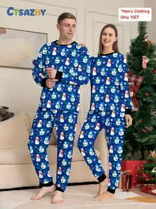 Men's Christmas, autumn and winter casual home pajamas set, full of snowman and snowflake print long-sleeved trousers, the first two-piece set for holiday parties
