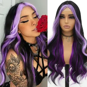 4x1 Black and Purple Streak Long Wave Lace Front Wigs Light Purple Middle Part Wig for Women Colorful and Unique Natural High Temperature Synthetic Fiber Glueless Wig for Daily Party Cosplay Halloween 26 Inch
