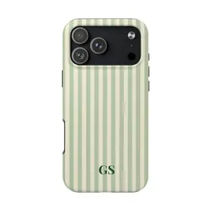 Personalized Green Phone Case Custom Monogram iPhone Case Aesthetic Green Striped Phone Case Summer Coastal Phone Case Preppy Phonecaseiphone 17 16 15 14 13 12 11cases luminous technology Vintage Wireless Charging Festive Bow Anti-drop retro luxury Patter