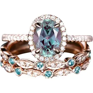 Vintage Unique Oval Cut Engagement Ring 3pcs Rose Gold Ring Art Decor Bridal Wedding Ring for Women Valentine Day Gift