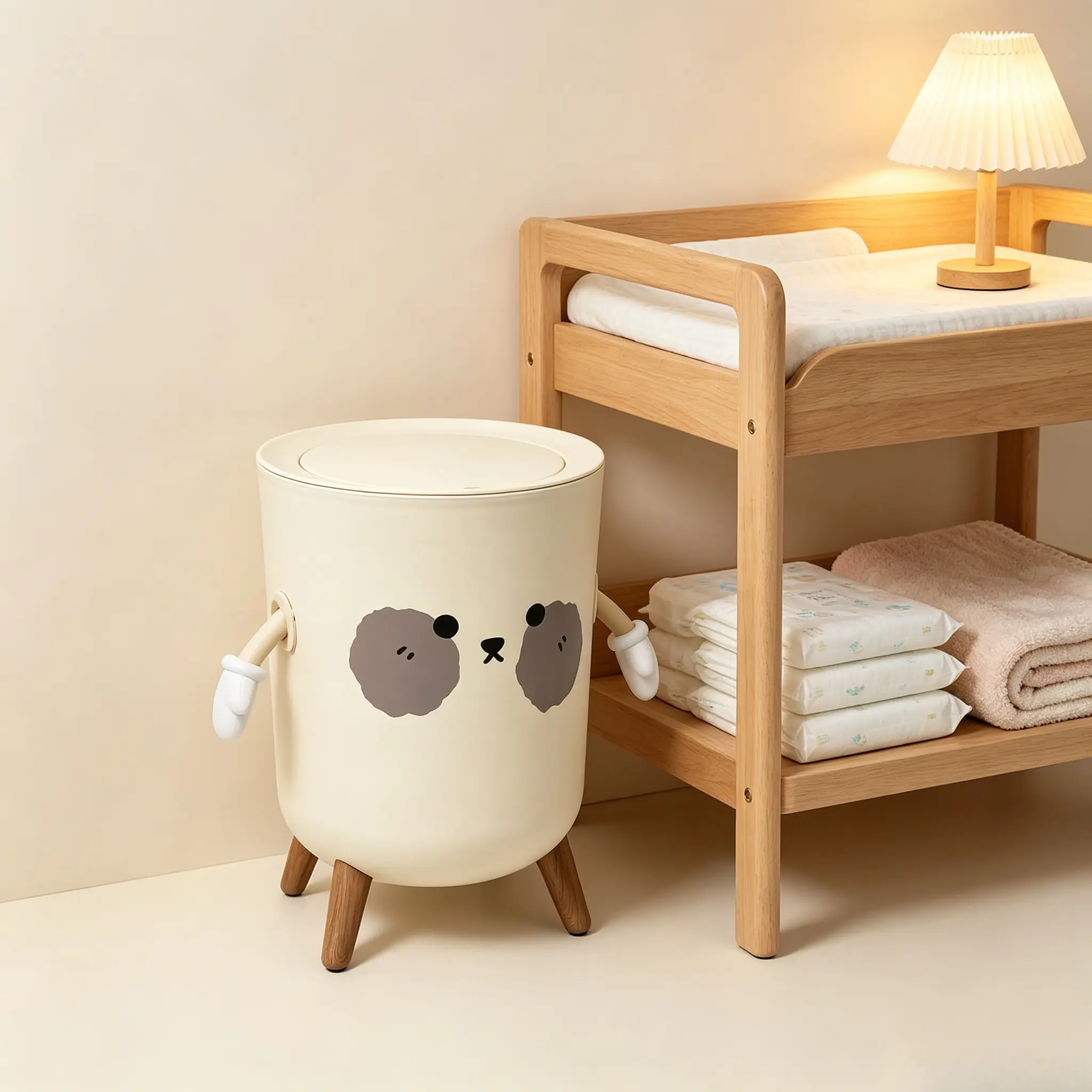 Muted Neutral Puppy Nursery Standing Garbage Bin, Press Lid Sealed Waste Bucket To Block Diaper Odor In Baby Bedroom