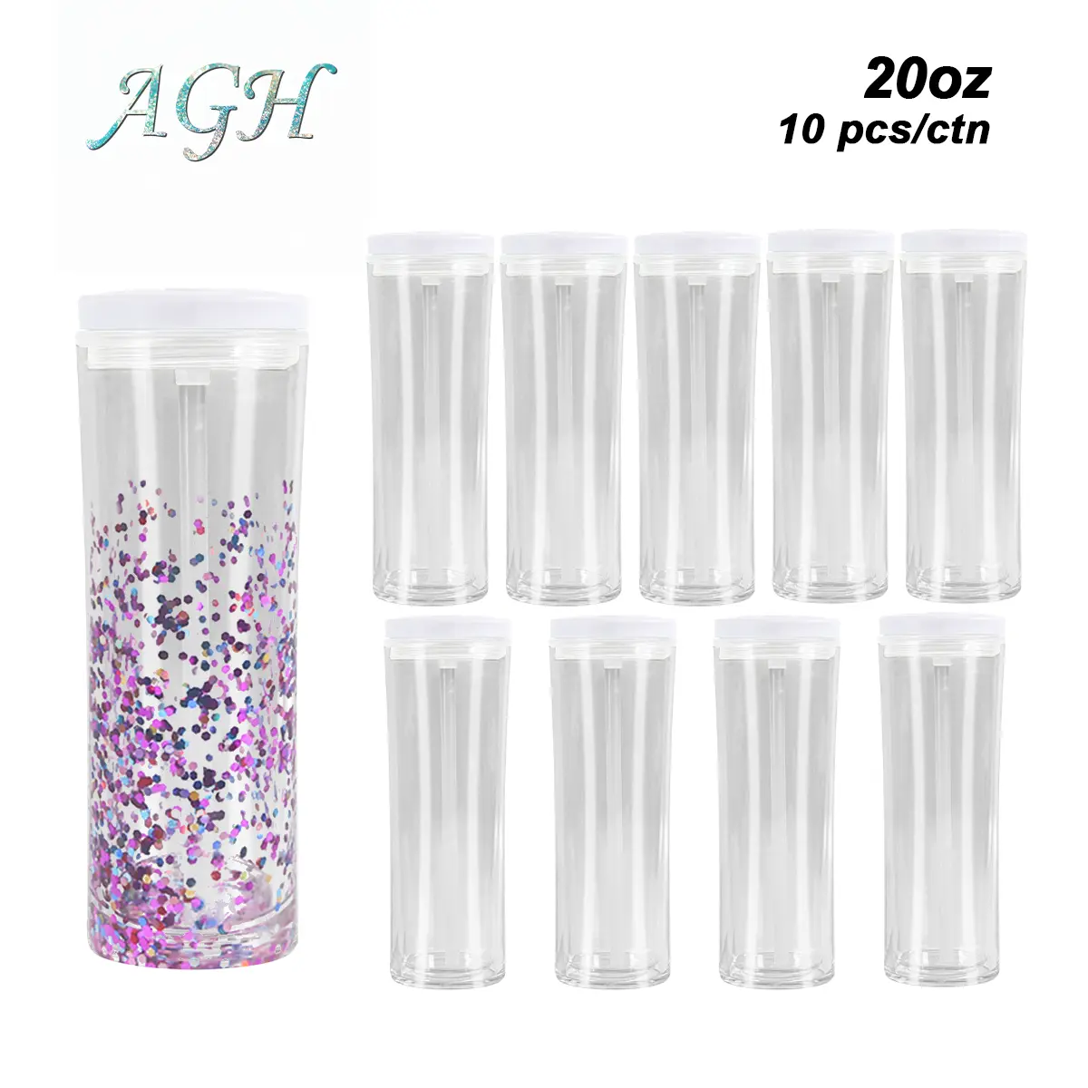 AGH US 20 OZ Snow Globe Tumbler 10pcs Double Wall Plastic With Pre Drilled Hole Plugs & Flip Straw Lids for Glitter DIY Reusable Drinkware Portable Cup