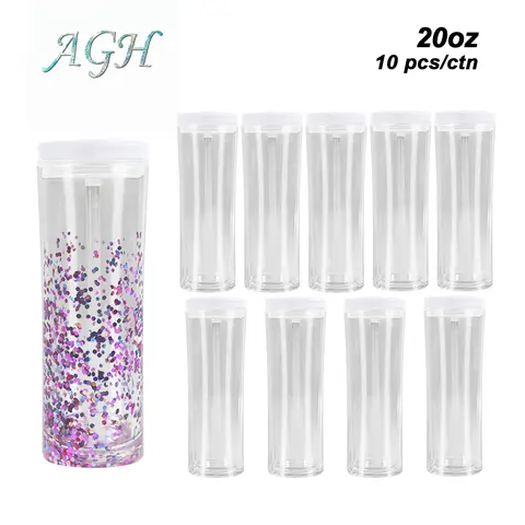AGH US 20 OZ Snow Globe Tumbler 10pcs Double Wall Plastic With Pre Drilled Hole Plugs & Flip Straw Lids for Glitter DIY Reusable Drinkware Portable Cup