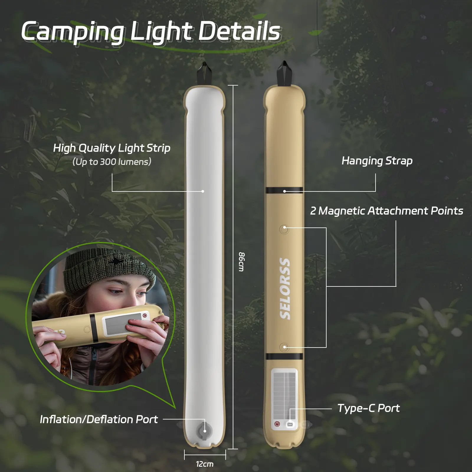 SELORSS Portable Inflatable Outdoor Camping Light, meets IP66 waterproof standard, offers three warm light modes and an SOS flashlight function, suitable for camping, hiking, travel, and more.