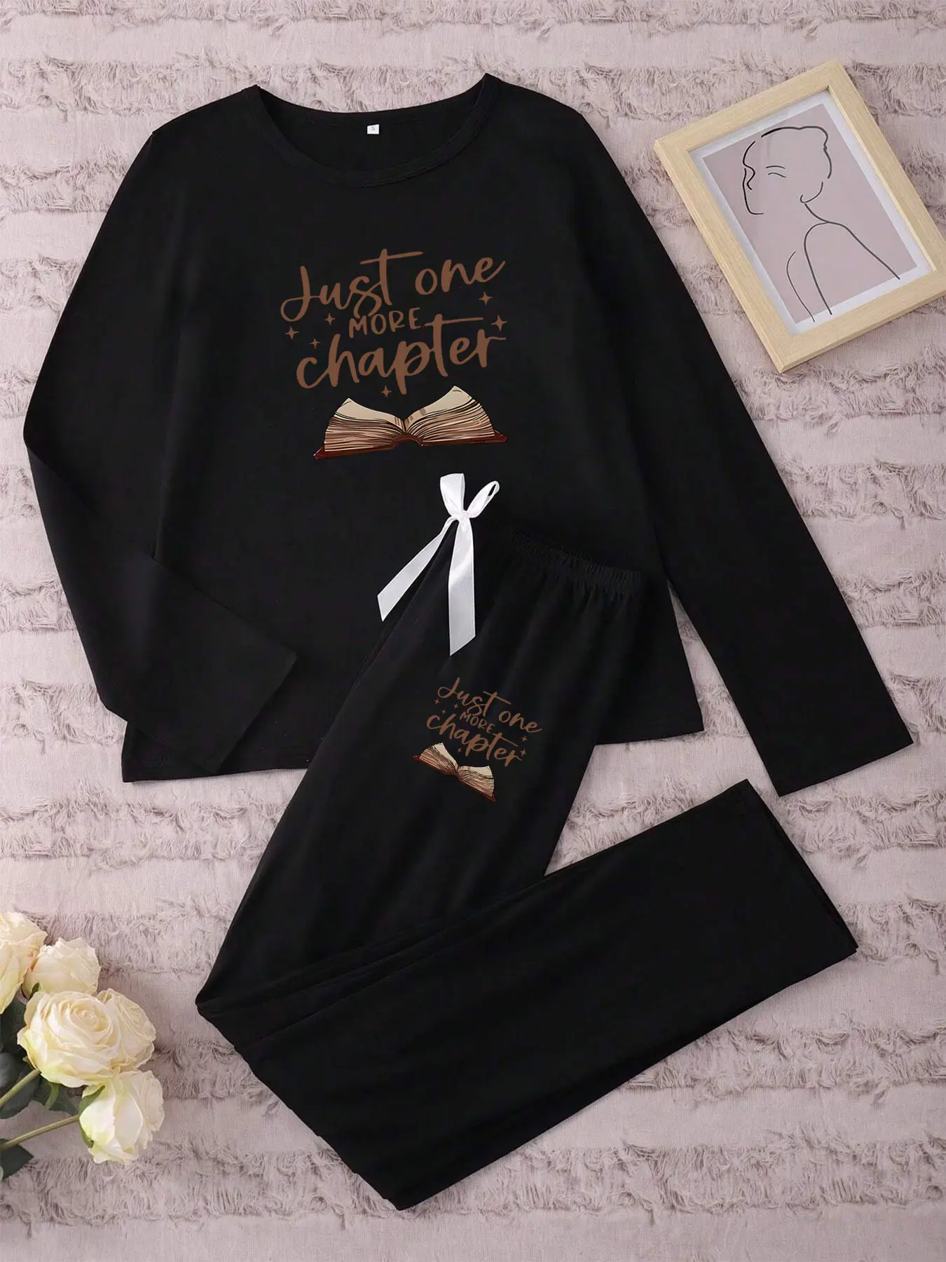 Women's Long Sleeve Pajama Set, Casual Comfy Pajama, Book Letter Print Sleepwear, Sleepwear Pajamas Set, Casual Fitted Nightwear for Spring & Fall, Cozy Loungewear, Comfortable Home Loungewear