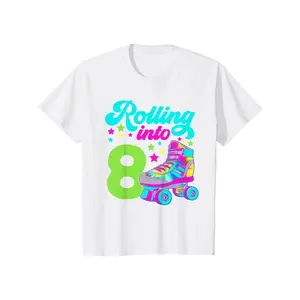 [100% Cotton] 100% Cotton 8th Birthday Roller Skates T-Shirt - Rolling into 8 Theme with Roller Skate, Round Neck Casual Shirt, Machine Washable Suitable for Parties, Gifts & Roller Skating Apparel