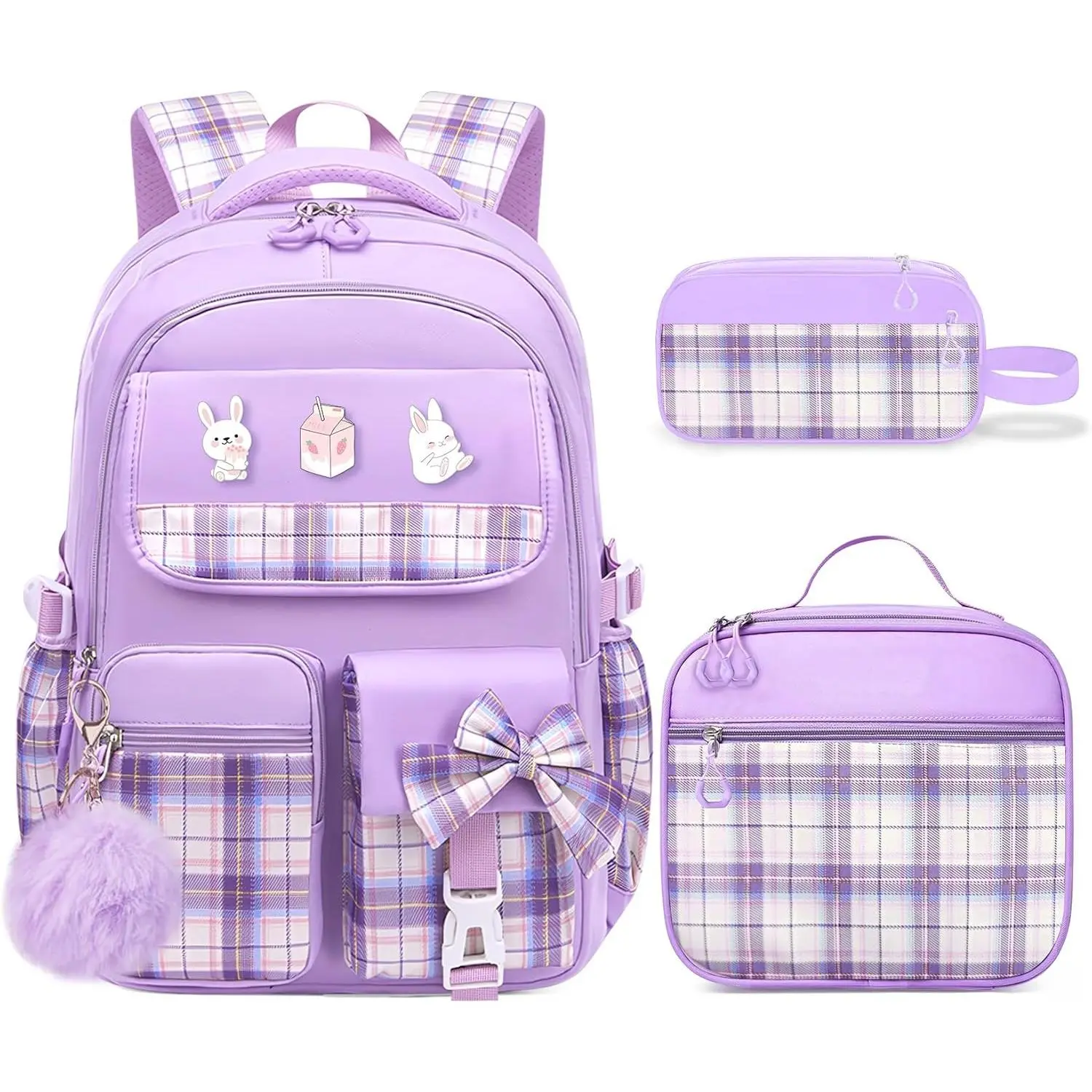 School Backpack for Girls, Cute Gingham Polyester Bookbag with Pompom & Bow, 18" Large Capacity with Multiple Pockets for Kids, Teens, and Travel, Backpacks For School, Kids Backpack