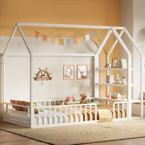 LIKIMIO Twin Bed Frame with Storage, Floor Metal House Bed with Fence Guardrails, No Box Spring Needed, Space Saving for Bedroom and Dorm, Easy Assembly