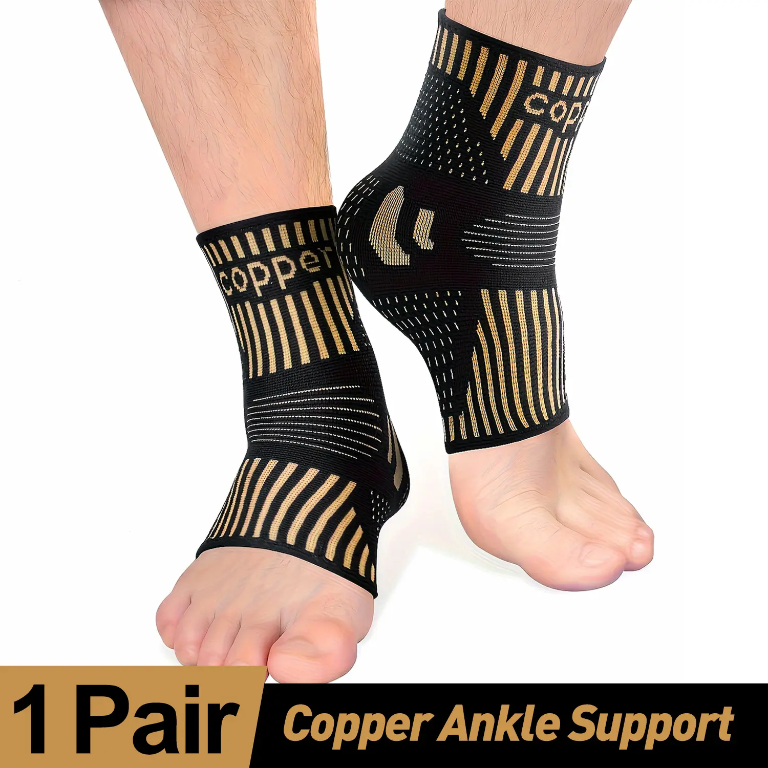 1 Pair Copper Ankle Support Sleeves for Men & Women - Compression Relief for Sprains, Achilles Tendonitis & Sports Injuries - Breathable, Moisture-Wicking Fabric with Arch & Heel Stabilization - Ideal for Basketball, Soccer, Tennis, Running