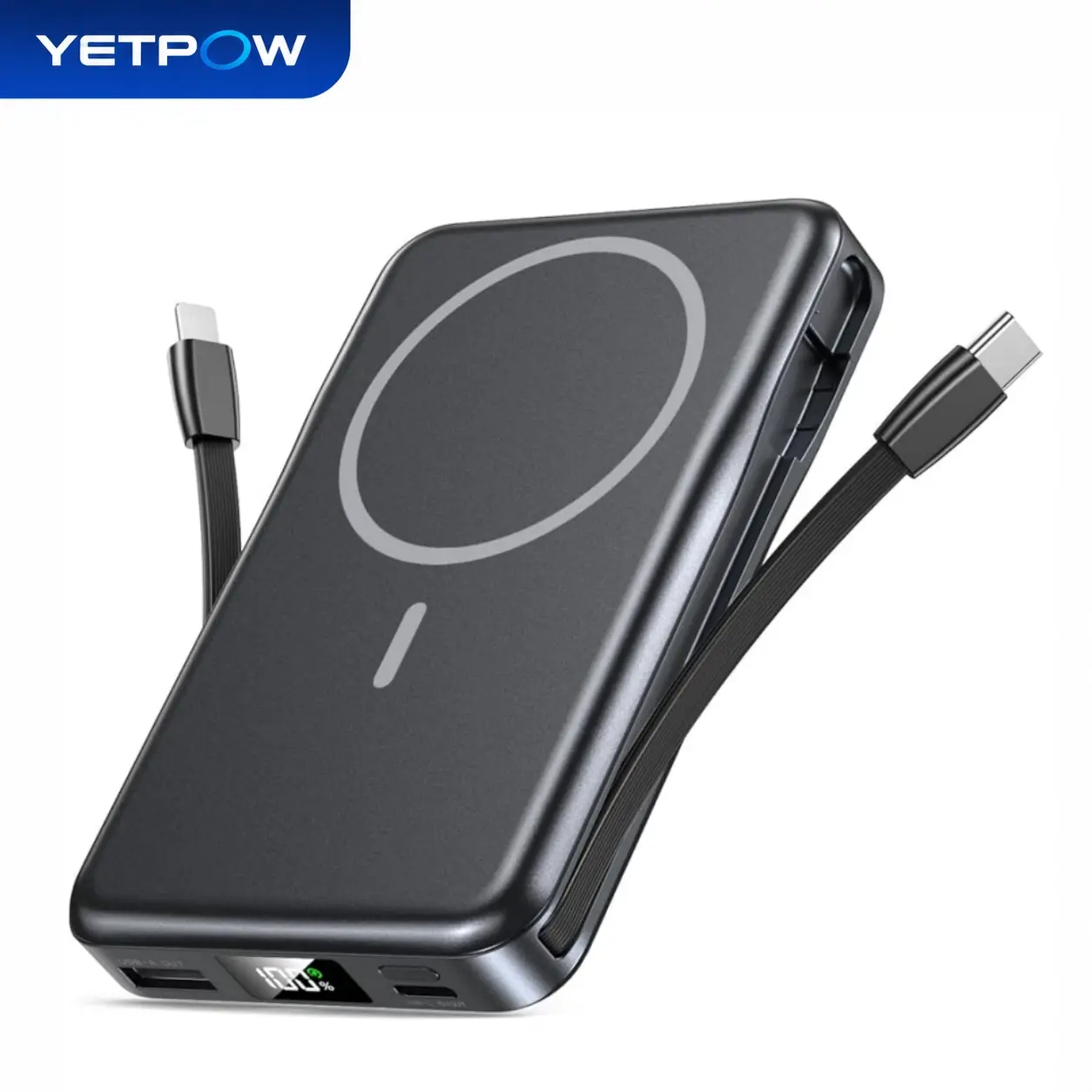 YETPOW Black Magnetic Wireless Power Bank, 10000mAh 5-in-1 Mobile Battery Pack with Built-in Cable, 20W Fast Charging, USB Type-C, Manufacturer Warranty, Compatible with MagSafe iPhone 17/16/15/14/13/12 Pro/Pro Max, Magnetic Portable Charger W17