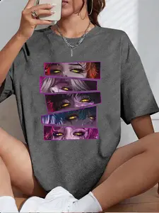 Demon Hunter Pattern Print T-Shirt, Short Sleeve Round Neck Casual Top, Suitable for Summer & Spring, Women's Fashion Tee