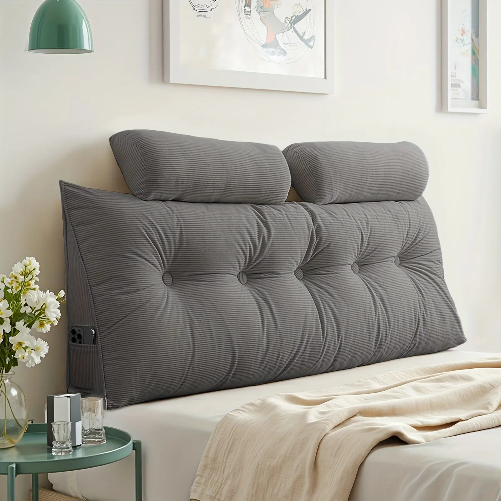 Fluffy Corduroy Triangle Headboard Wedge Pillow with Neck Roll Pillow Modern Large Bolster Daybed Reading Pillow Backrest Cushion with Removable Cover