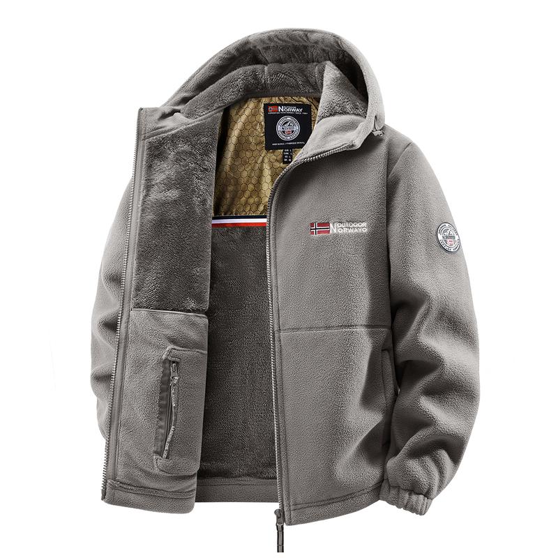 Men's Outdoor Heavyweight Fleece Jacket - Double-Sided Warm Hooded Coat with Full Zip, Multi Pockets & Machine Washable Polyester for Camping Hiking Casual Wear