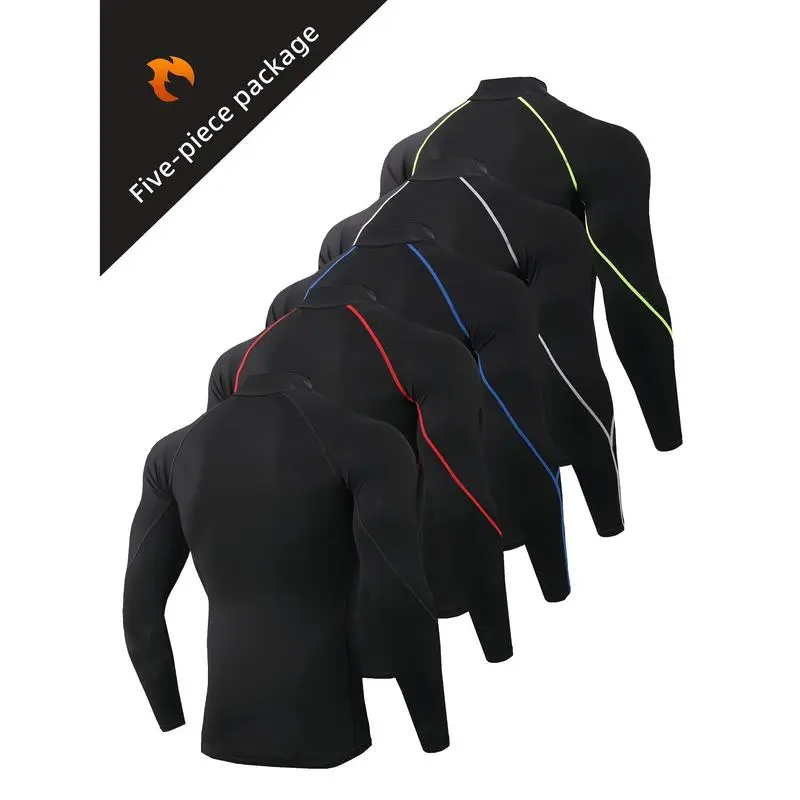 [5pcs Quick-Dry Compression Tops] 5pcs Men's High-Neck Compression Long Sleeve Tops - Quick-Dry, Breathable Athletic Shirts for Running & Fitness Training, Autumn/Winter, Elastic, Stand Up Collar