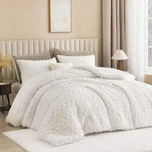 Sherpa  Comforter Set, Super Soft White Fleece Warm Bedding for Winter, Luxury Jacquard Boho Thick Fuzzy Plush Bed Set 3 count(1 Shaggy Comforter, 2 Pillowcases)