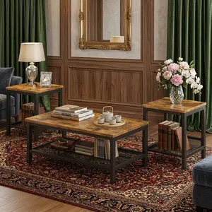 3-Piece Industrial Coffee Table Set, Modern Living Room Table with 2 Matching Square Side End Tables, Metal Frame Accent Table Set for Home Apartment Office