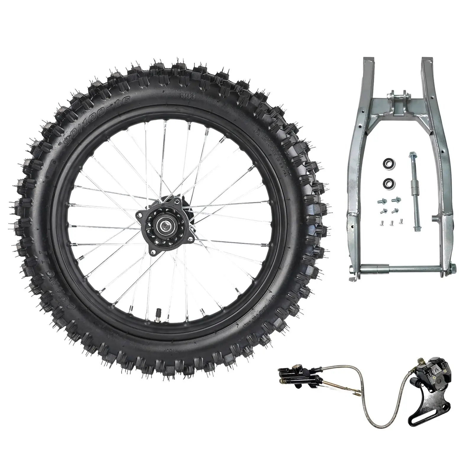 16" Motorcycle Wheel 90/100-16 Rear Tire Rim + Extended Swing Arm Swingarm Kit + Brake Caliper Assembly for Dirt Pit Bike Scooter Trail Monkey Pocket Bike Pitpro Taotao Apollo SSR 125cc-300cc