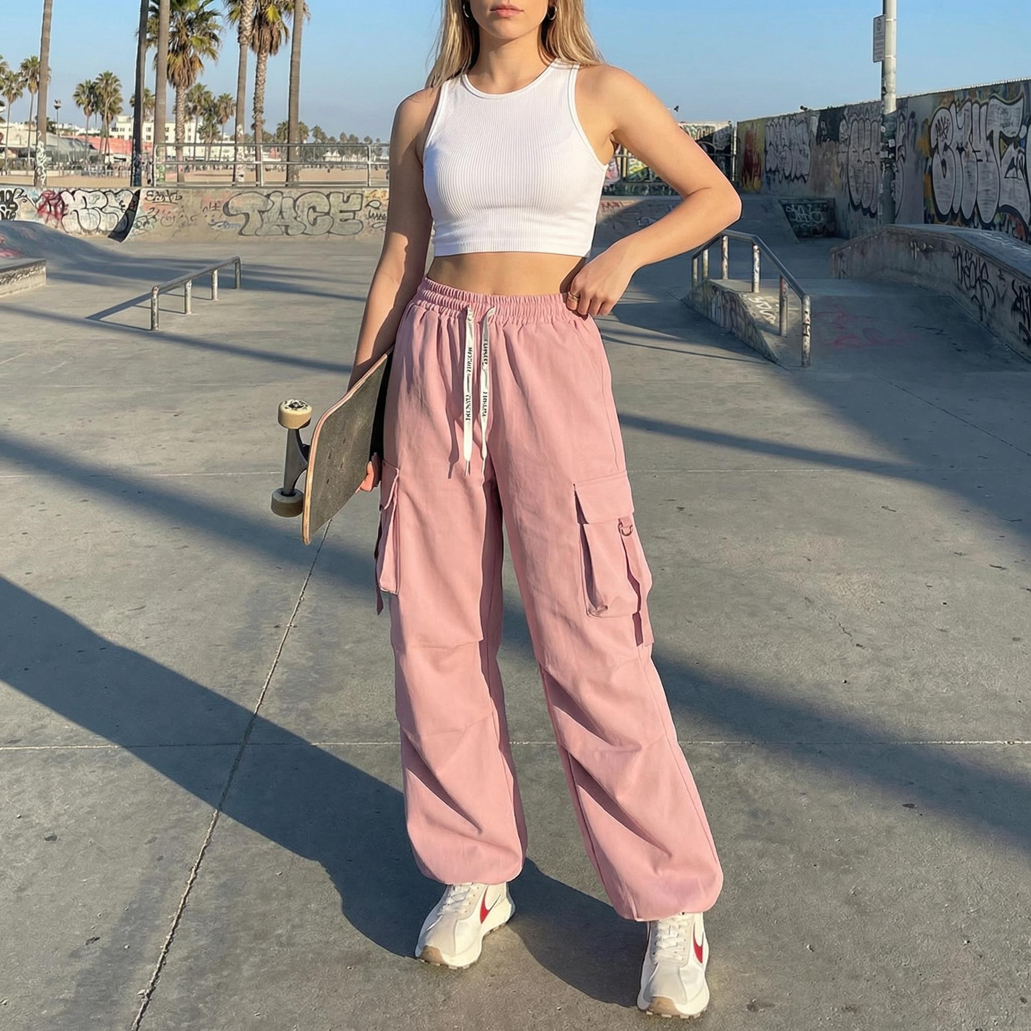 cargo pants women,baggy pants,Women's Loose Work Pants Wide Leg High Waist Sports Leisure Pants with Pockets - Comfortable for Daily Wear, Multifunctional, Diverse Colors, Breathable Sports Underwear, All Seasons, Plain Pattern, Womenswear Bottom