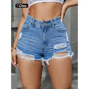 Women's High Waist Ripped Raw Hem Denim Shorts, Jean Shorts, Summer Clothes, Casual Button Pocket Shorts for Daily Wear, Ladies Bottoms for SummerRAIMENTRY