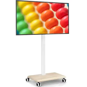 Rfiver Rolling TV Stand for 32 to 55 60 Inch TVs up to 88lbs, Height Adjustable Mobile TV Stand with Wood Base, Space-Saving Design Tall TV Cart Floor Stands for Living Room, Bedroom, Corner (White)