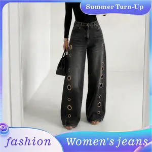 Deals for You Days New High-Waist Button Women’s Denim Pants — Loose Cotton Jeans with Geometric Cutout Pockets and Patchwork Design