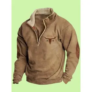 Mens Western Aztec Jacket Cowboy Bull Head Print Pullover Quarter Zip Stand Collar Long Sleeve Country Sweatshirts Casual Menswear