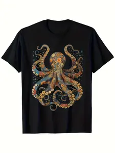 Unisex Black Octopus And Squid Tentacle Graphic Tee - Soft, Breathable -Like Retro Design with Scales And Ink Clouds, Lightweight Crew Neck for Summer Casual Wear (Available in Sizes S-XX).Same Design for Both Men And Women
