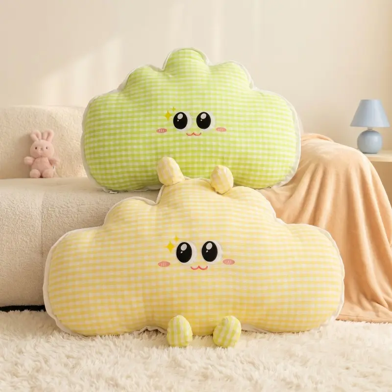 Super cute smiley cloud throw pillow — checkered version with feet; plush cushion for leaning against; ideal for children’s rooms and girly decor pillows.