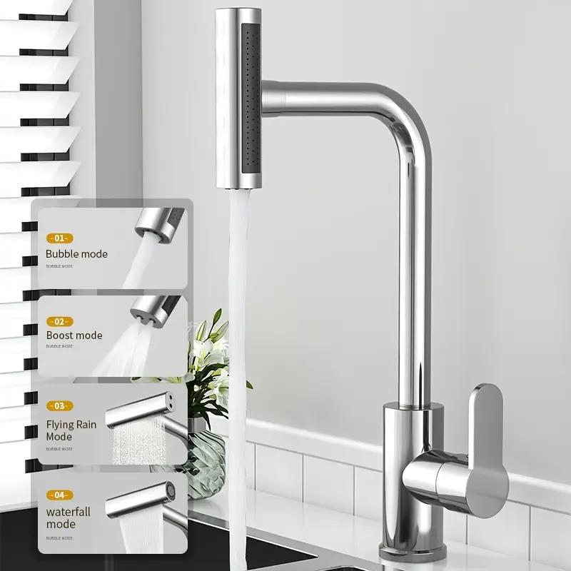 Stainless Steel Kitchen Faucet with Waterfall Feature - Multi-Function, Hot & Cold Water, Rotatable Spray Head with Inlet Pipe Included, Kitchen Water Faucet