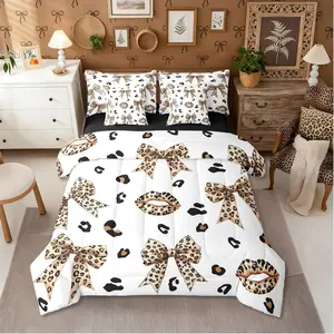 Leopard Bowknot 7 Piece Comforter Bed Set,Kids Bow Cheetah Lips Bedding Set,Girls Coquette Bows Comforter,Princess Sheets,Brown Wildlife Fur Print Bow Bed Set