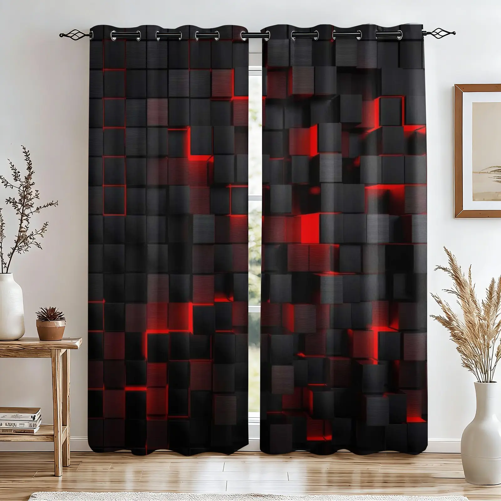 2 panels Red Black 3D Cube Print Blackout Curtains, Geometric Glowing Block Pattern Thermal Insulated Window Drapes, Blackout Window Cover for Boys Bedroom, Modern Gaming Themed Home Decor