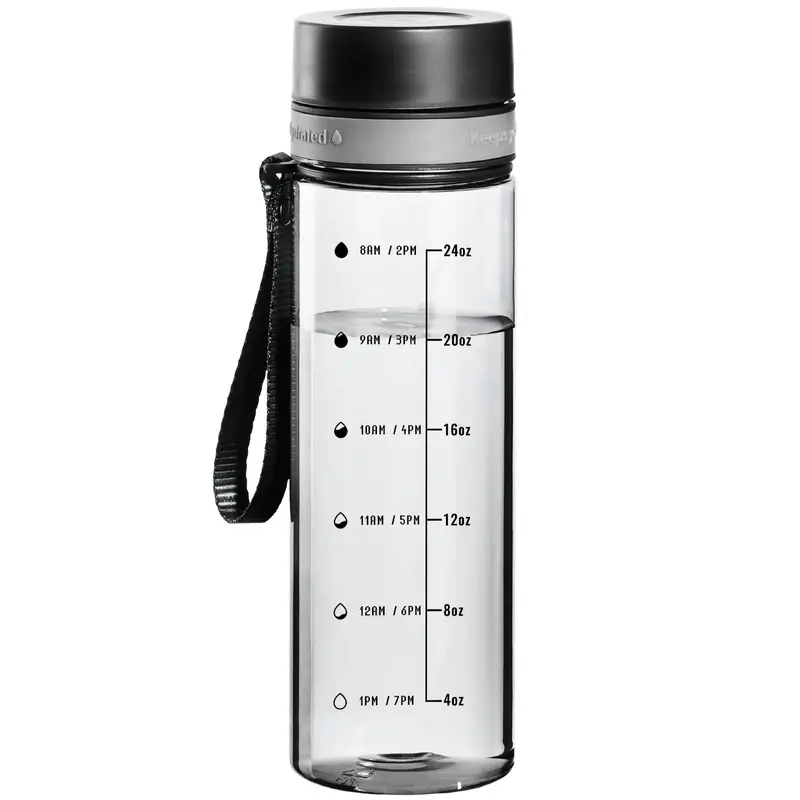 28oz Food Grade Plastic Reusable Water Bottle - BPA Free, Leakproof Design, Portable, Toxic Free, Motivational Time Marker, Carrying Strap, Large Water Bottle for Fitness Gym, Athletic Performance, Boys & Girls