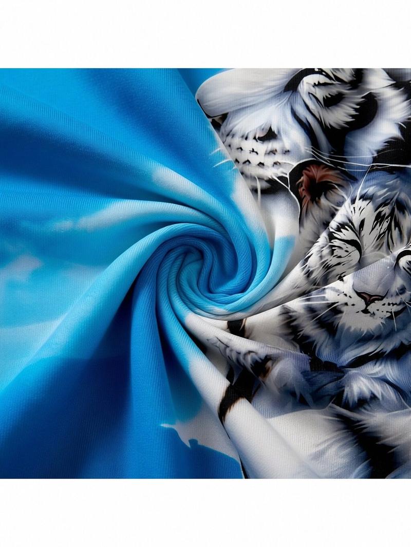 2026 New Men's Fashion White Tiger Print Hoodie and Pants Set, Casual Sports Outfit, Blue Long-Sleeve Pullover, Soft and Comfortable Loungewear, Animal Pattern Streetwear