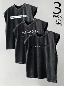 Men's Summer Round Neck Top Set, Trendy Letter Print Design, 100% Cotton Sleeveless Vest, Loose Fit, Ideal for Gym and Sports, Gym Workout Clothes