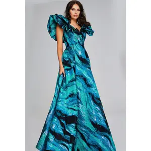 Jovani -40696 Vibrant Teal Multi-Print Evening Gown with Ruffled V-Neckline