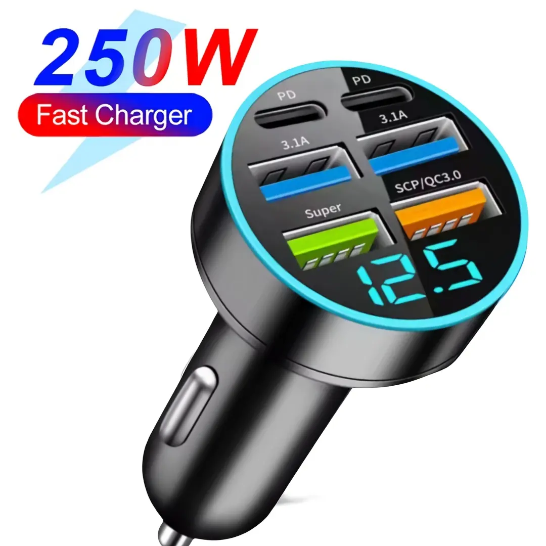 6-Port USB-C Car Charger 250W Fast Charging Digital Display Voltage Detection for Mobile Phones ≤36V High-Power Adapter