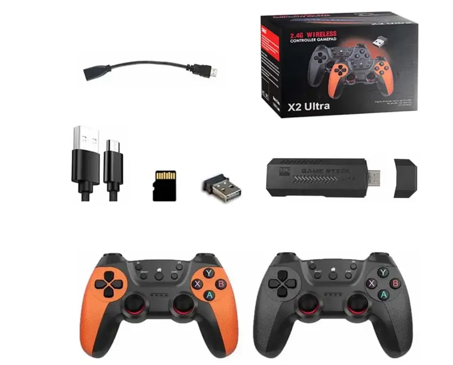 X2 Ultra 4K Retro Game Stick, Home Retro Video Game Console with 2 Wireless Controllers, HDMI Output, 30000+ Built-in Games (64GB) rechargeable handle Plug