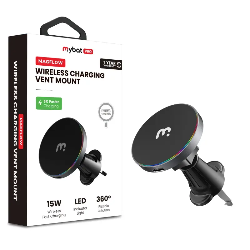MyBat Pro MagFlow Magnetic Phone Charger - Black Car Wireless Charging Station, 15W Fast Charging, LED Indicator, 360° Flexible Rotation, Durable Material, Easy Install, Cableless Chargers, Car Accessories, Wireless Charging Chargers, Mountable Charging A