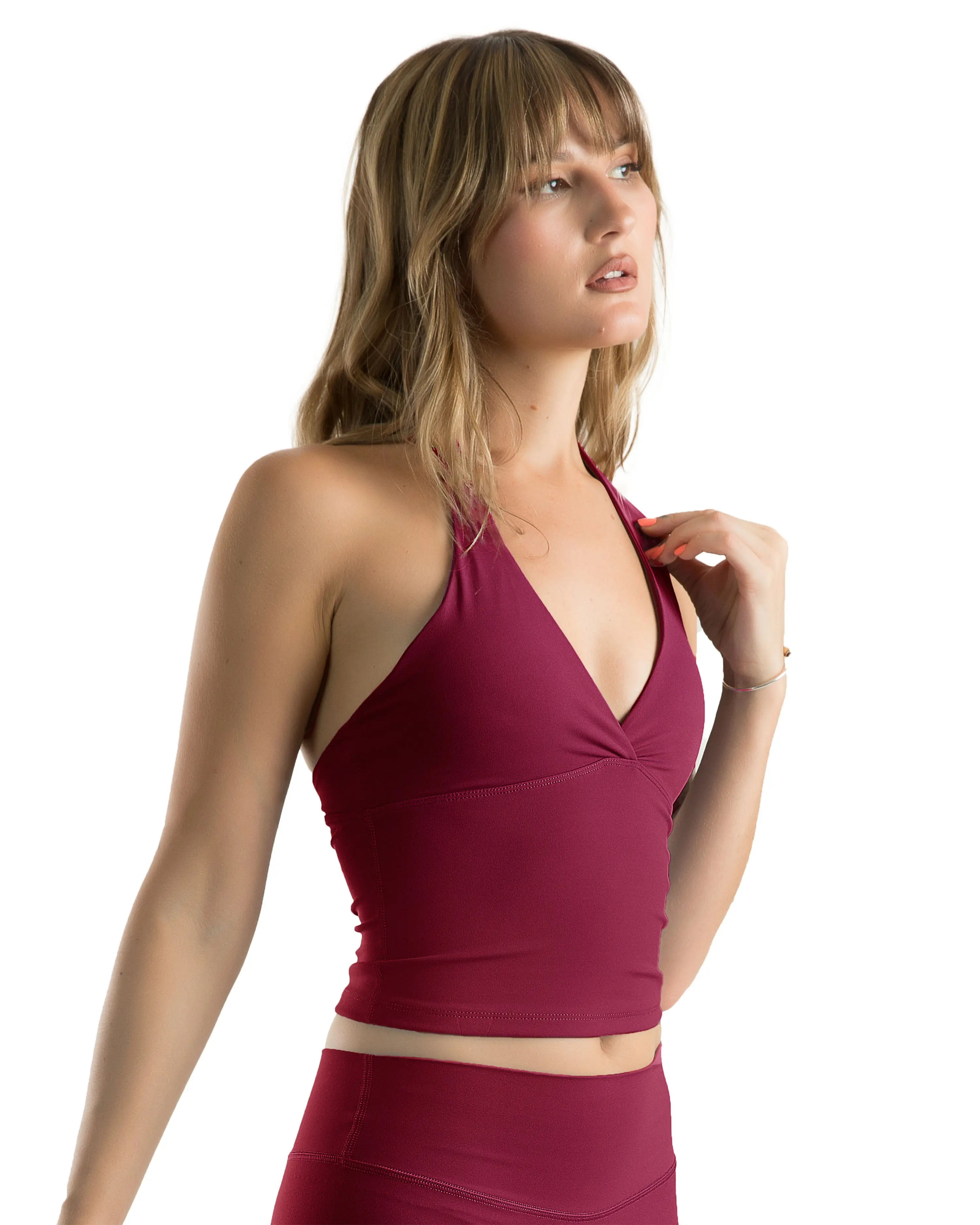 Women’s halter V-neck ruched yoga tank top, backless design, long length, fitness activewear