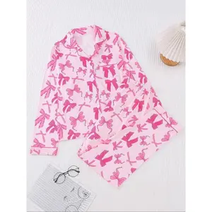 Women's Bow Print Pajama Set, Casual Comfortable Long Sleeve Top & Elastic Waist Pants, All-Season Home Wear, 2 Piece Set Can be used with raincoat