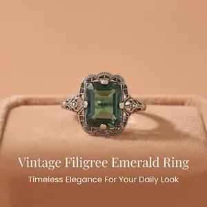 Vintage openwork filigree emerald-cut green crystal ring, Art Deco style ring, vintage elegant ring.