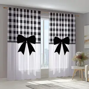 2pcs bow patterned, Sheer printed curtains made of polyester fiber. Translucent privacy protection design, hand washable and machine washable, with pole bag hanging, suitable for home decoration