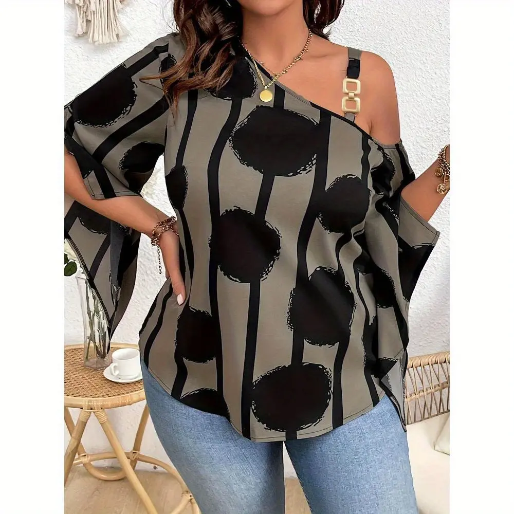 Women's Summer Plus Elegant Party Printed Shirt Asymmetric Off Shoulder Outerwear Top