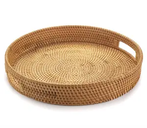 Rattan Round Serving Tray, Decorative Coffee  Tray,Serving with Handles, Ottoman Fruit/Bread Serving Basket, 15 inches. Natural brown with beats.