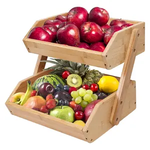 2 Tier Bamboo Fruit Basket for Kitchen Organiser, 11" Tall Fruit Stand Storage Holder, Heavy Duty/Multipurpose/Large Capacity (Self-assembly)