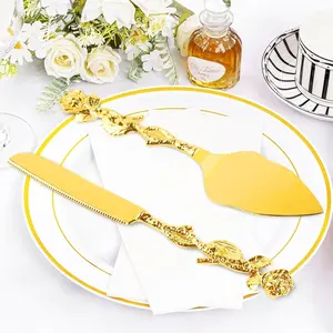2PCS Wedding Golden Cake Cutting Server Set for Wedding Vintage Engraved Cake Cutter and Serving Spatula for Birthday, Party, Engagements, Anniversary, Christmas, Cake, Pie, Pizza Sunmmervibes