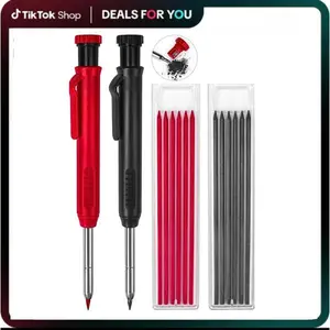 2 Pack Carpenter Pencils Mechanical Pencils with 12 Refills, Construction Pencils with Built-in Sharpener, Long Nib Deep Hole Pencil Marker, Heavy Duty Woodworking Pencil for Architect